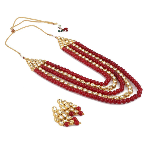 Women's gold plated kundan beads multi strand necklace set with earrings ij318pi - I Jewels