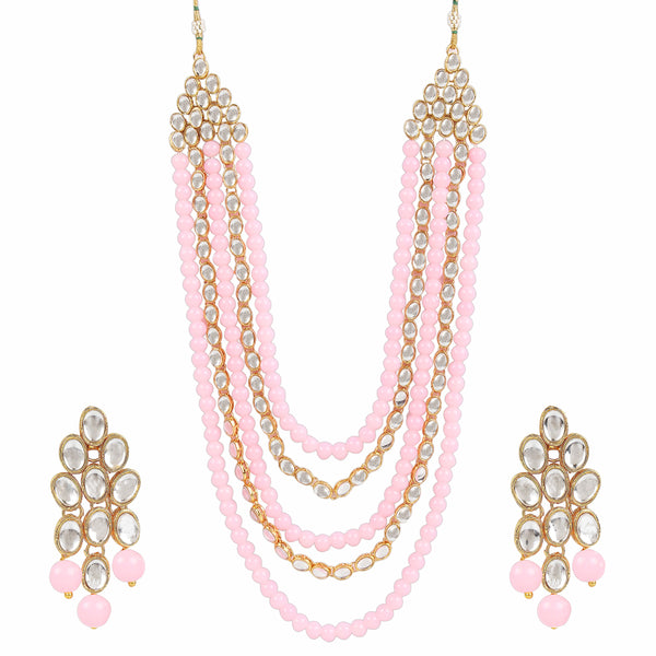 Women's gold plated kundan beads multi strand necklace set with earrings ij318pi - I Jewels