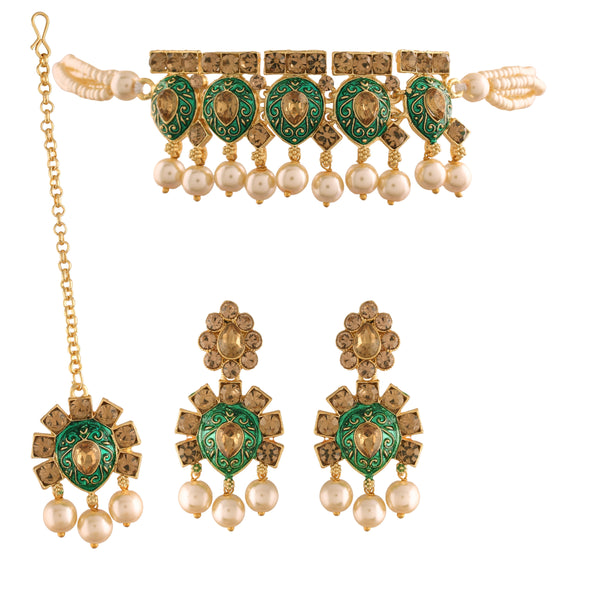 Women's 18k Gold Plated Green Meenakari Choker Set Glided With Pearls  - I Jewels