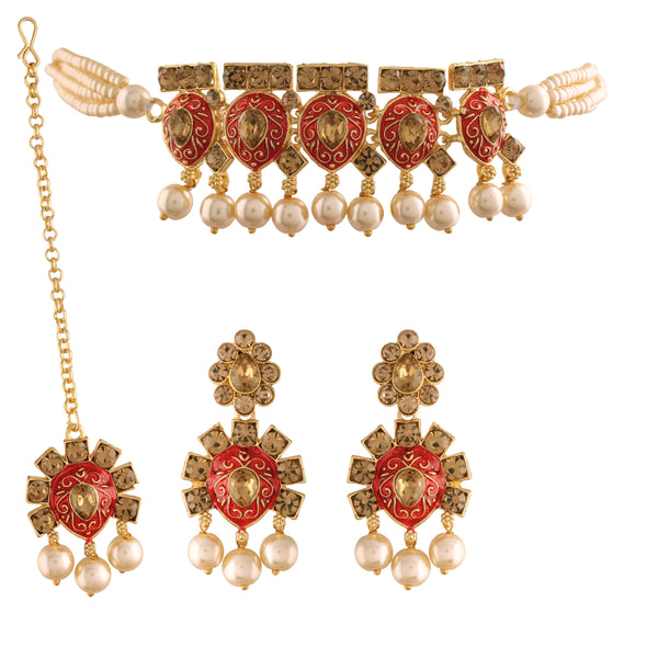 Women's 18k Gold Plated Red Meenakari Choker Set Glided With Pearls  - I Jewels