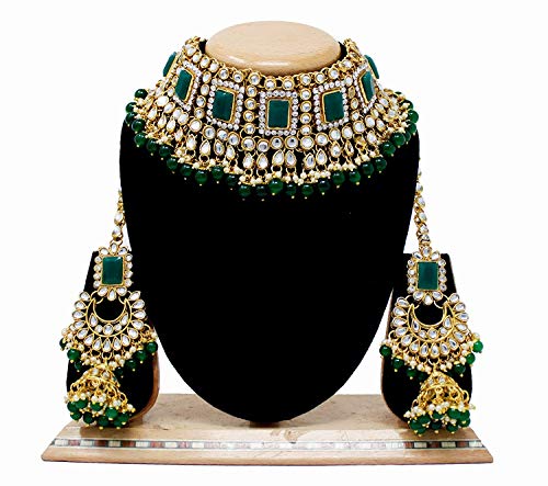 Women's 18kgold plated traditional handcrafted faux kundan pearl studded bridal necklace set with earrings maangtikkaij401w - I Jewels