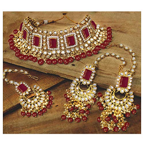 Women's 18kgold plated traditional handcrafted faux kundan pearl studded bridal necklace set with earrings maangtikkaij401w - I Jewels