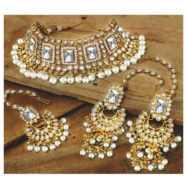 Women's 18kgold plated traditional handcrafted faux kundan pearl studded bridal necklace set with earrings maangtikkaij401w - I Jewels