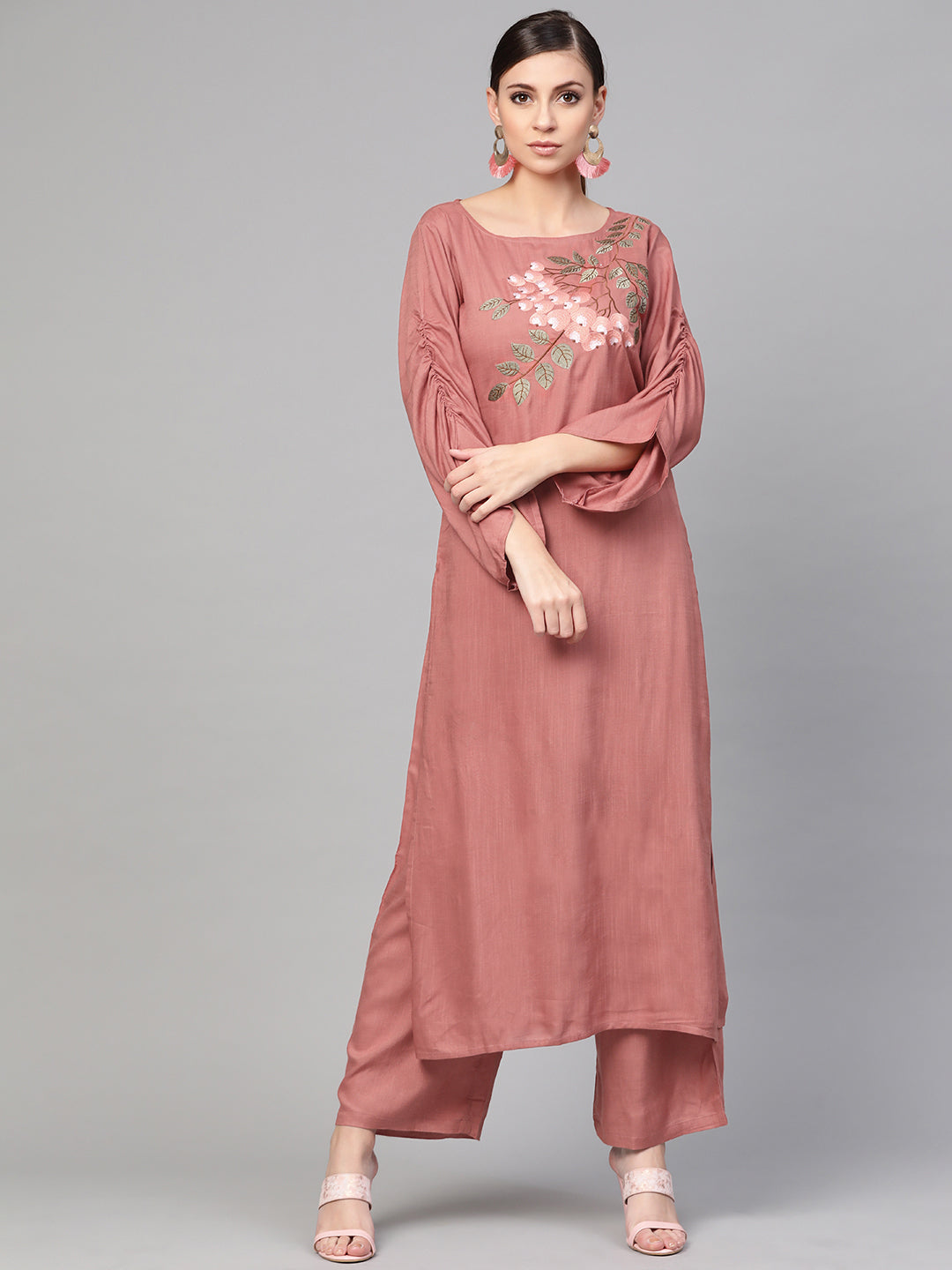 Women's Rose Gold Embroidered Straight Kurta With Palazzo Pants - Idalia