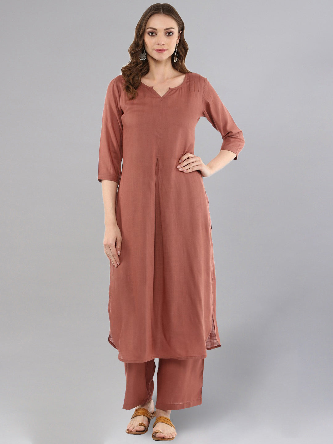 Women's Rose Gold Straight Solid Kurta With Palazzo Pants - Idalia