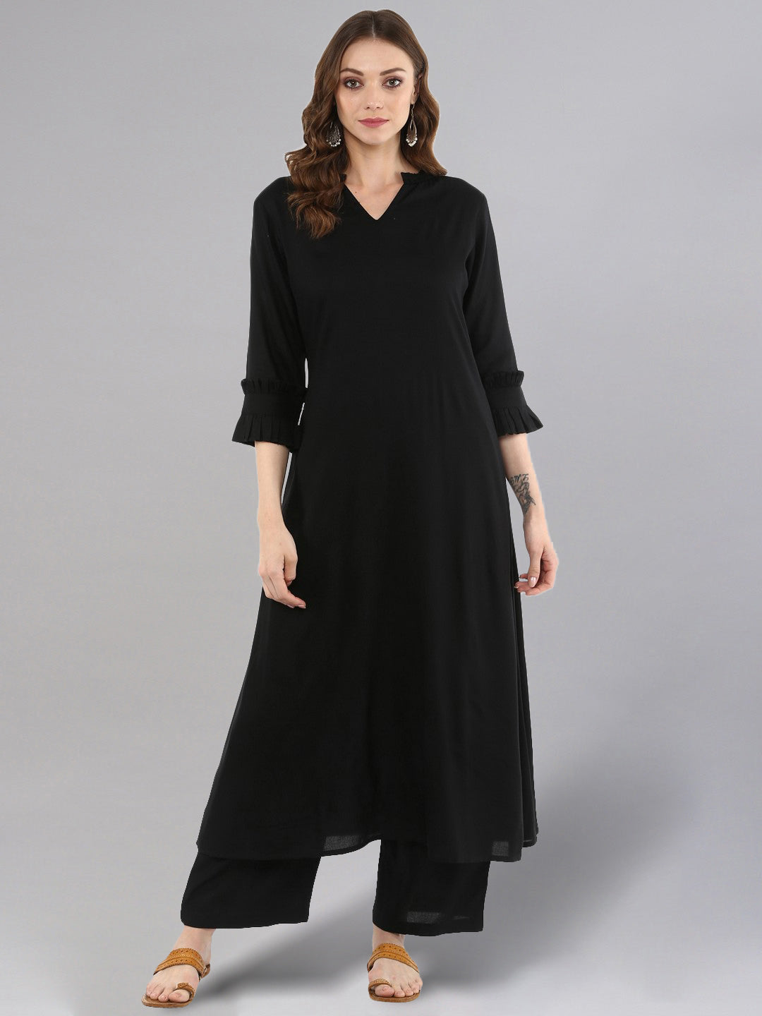 Women's Black A-Line Kurta With Palazzo Pants - Idalia