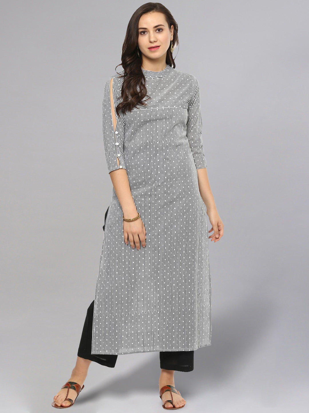 Women's Dotted Striped Black & White Straight Kurta - Idalia