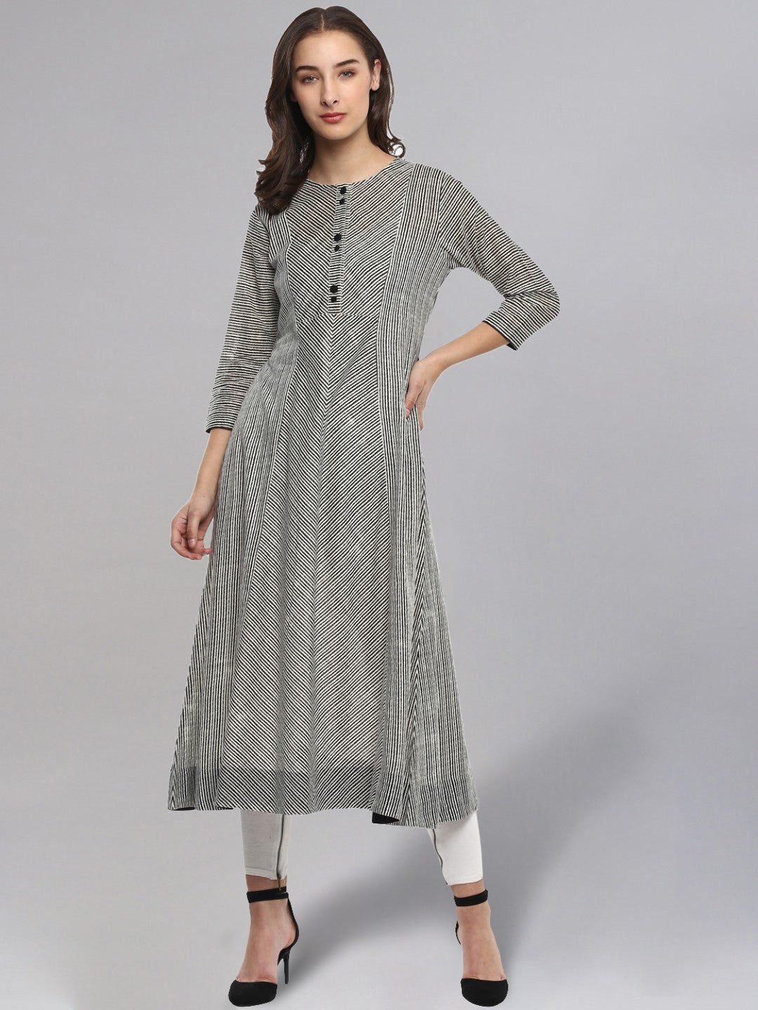 Women's Striped Black & White Flared Kurta - Idalia