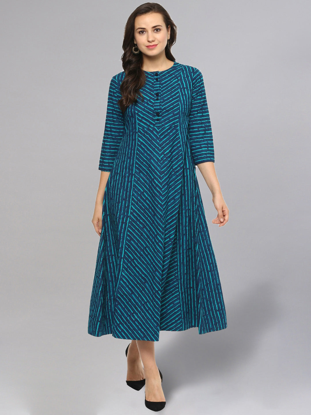 Women's Teal Color Striped Flared Kurta - Idalia