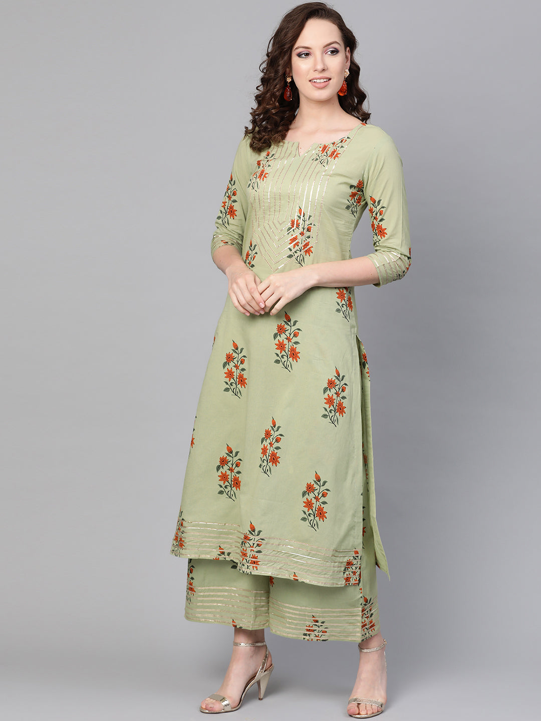 Women's Sage Green Printed Cotton Kurta Set - Idalia