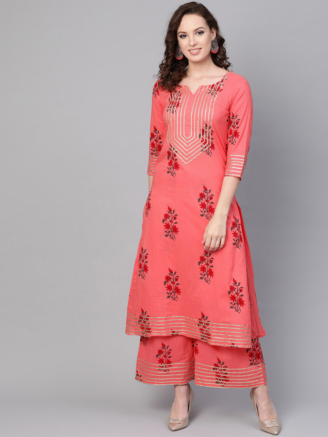 Women's Coral Printed Cotton Kurta Set - Idalia