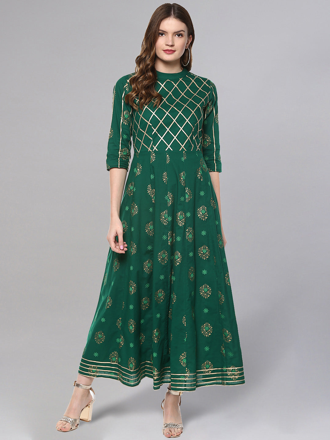 Women's Gold Print Dark Green Anarkali Kurta - Idalia