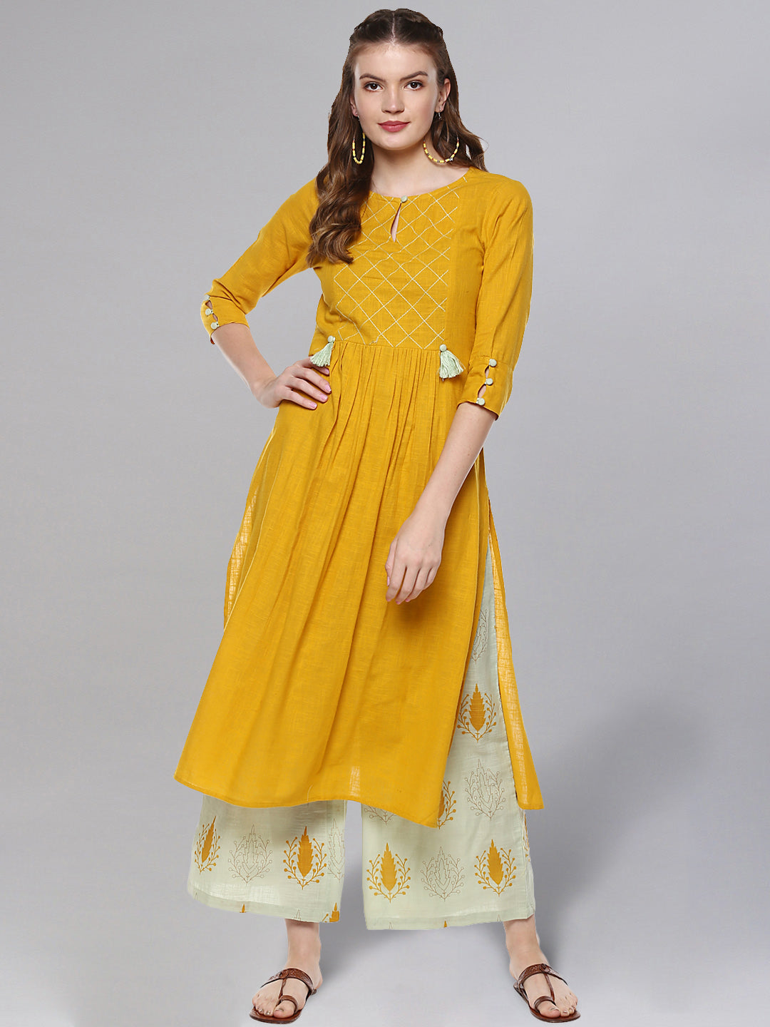 Women's Mustard And Sage Green Kurta Set - Idalia