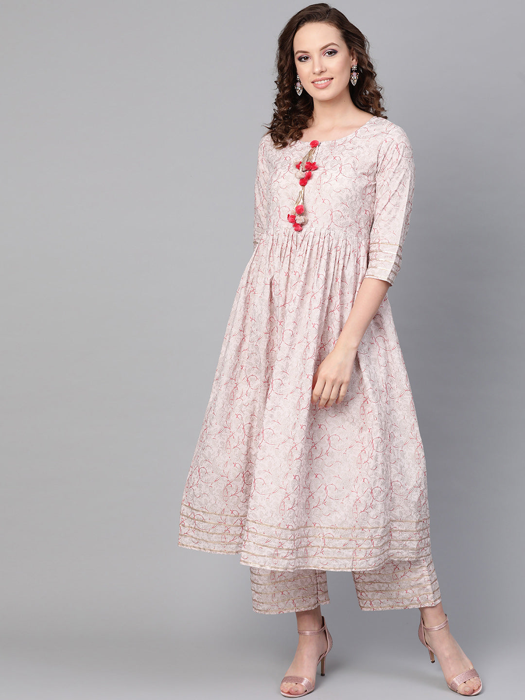 Women's Baby Pink Printed Flared Kurta Set - Idalia