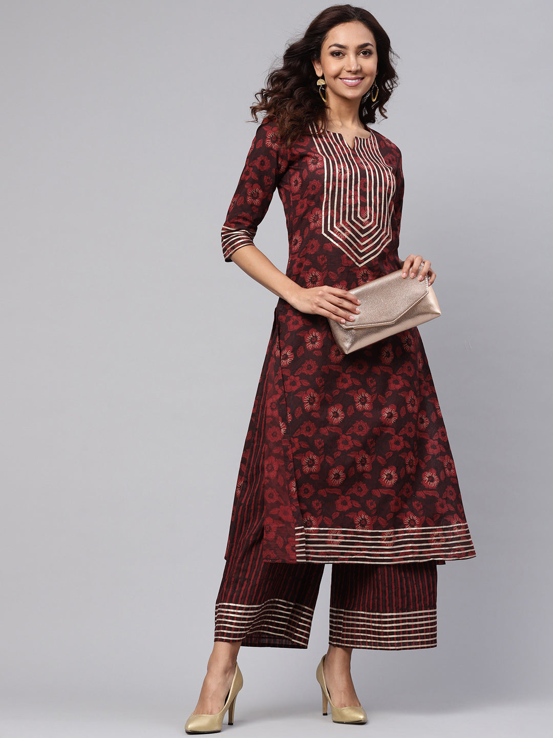 Women's Maroon A-Line Kurta With Palazzo Pants - Idalia