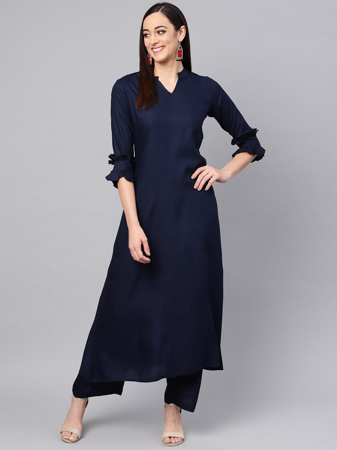 Women's Blue A-Line Kurta With Palazzo Pants - Idalia