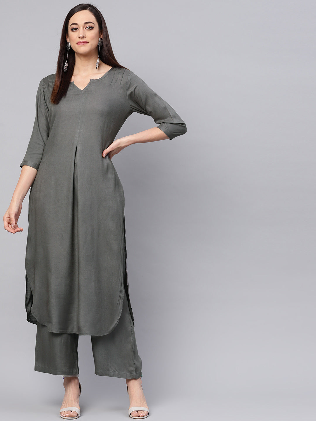 Women's Grey Kurta With Palazzo Pants - Idalia