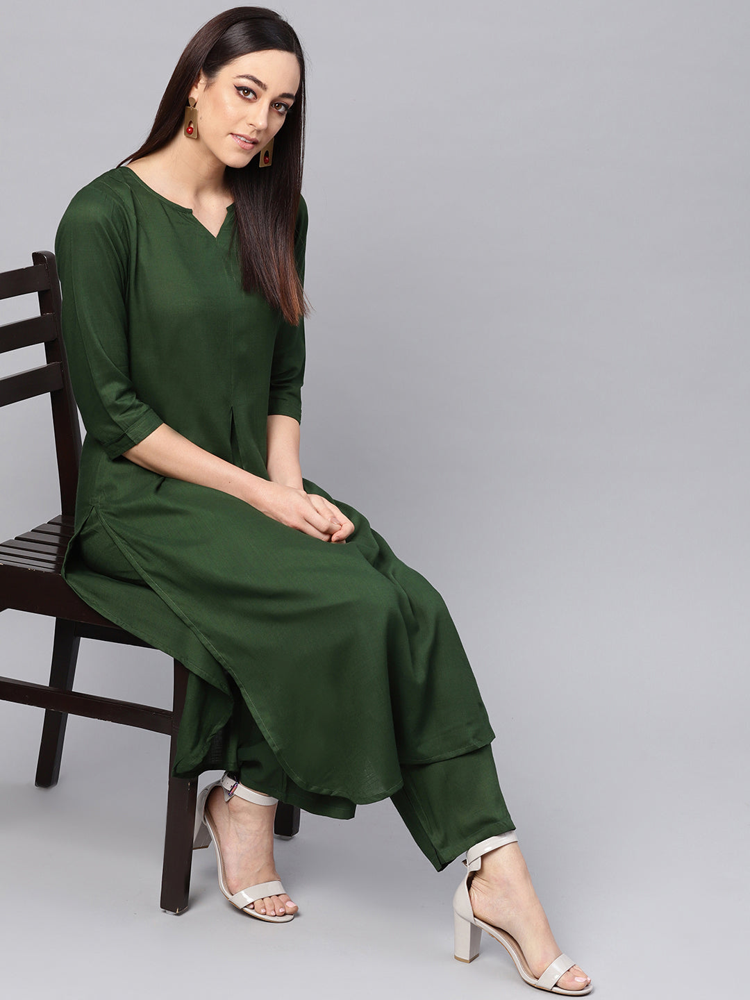 Women's Green Kurta With Palazzo Pants - Idalia