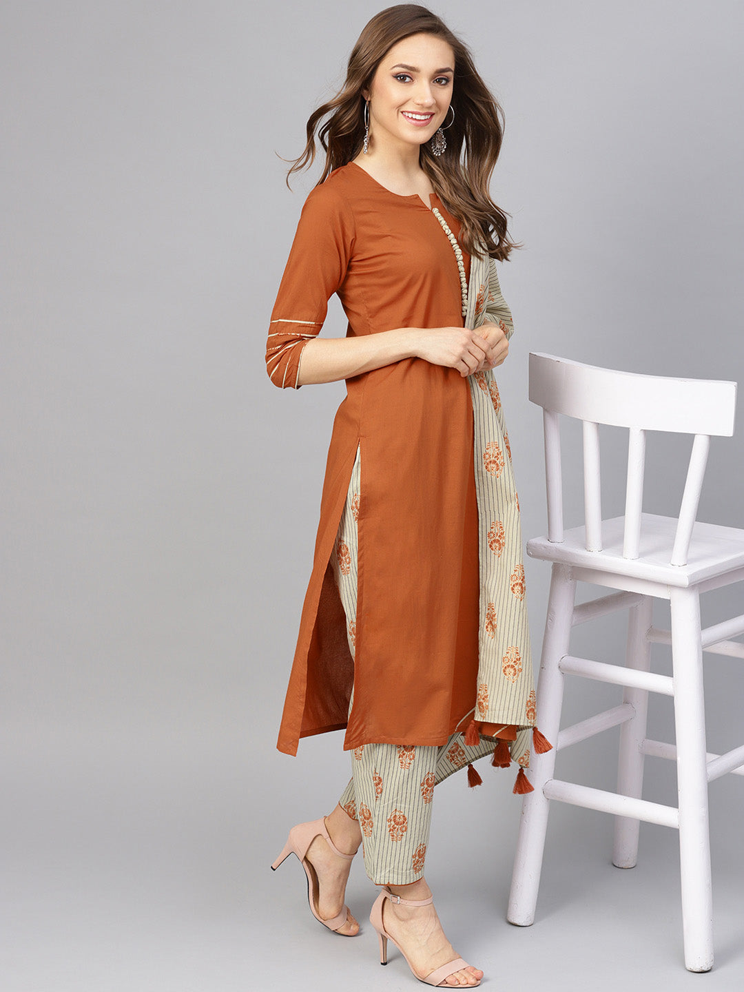 Women's Rust Kurta With Printed Pants And Dupatta - Idalia