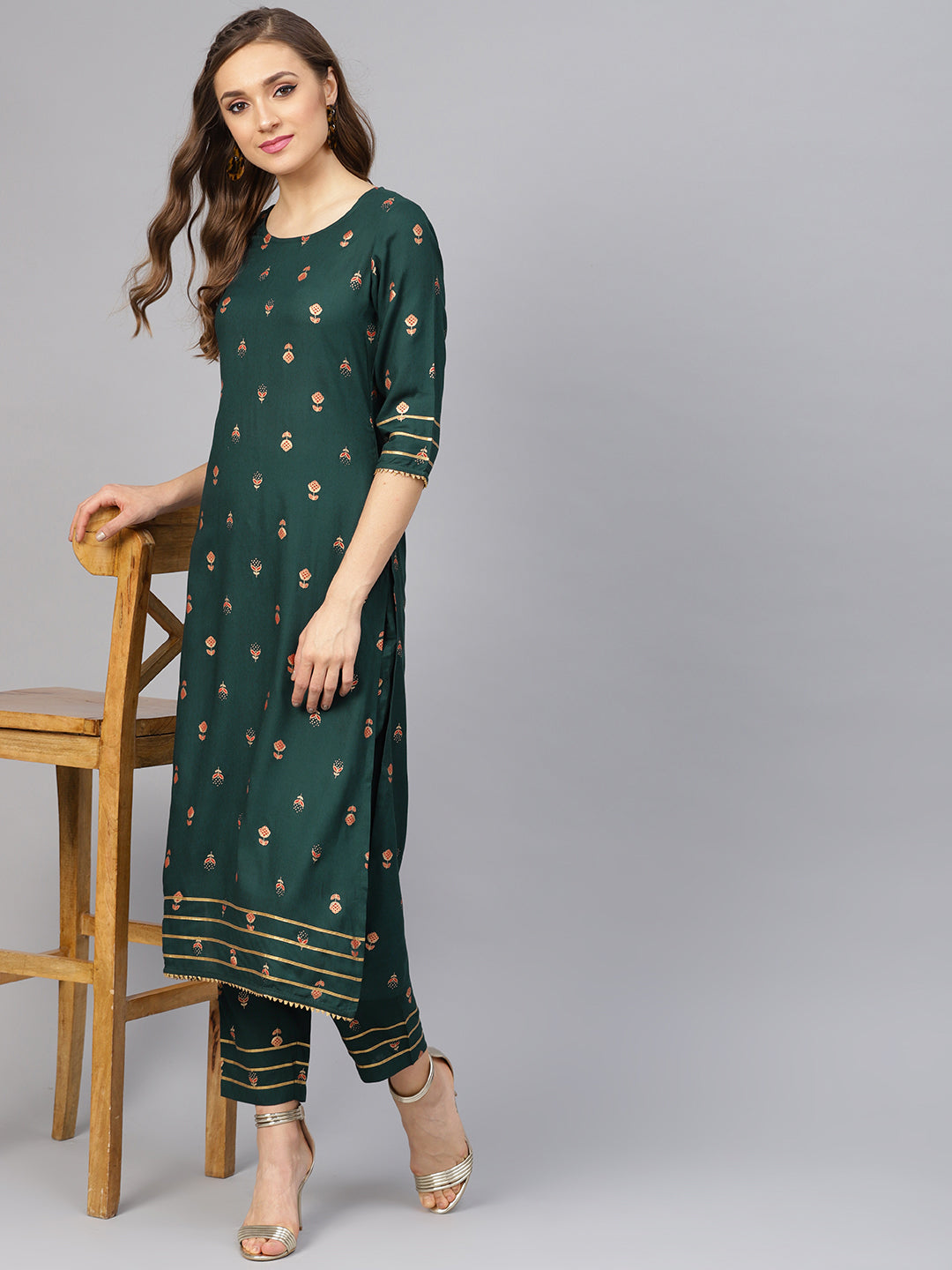 Women's Dark Green Gold Print Kurta With Pants - Idalia