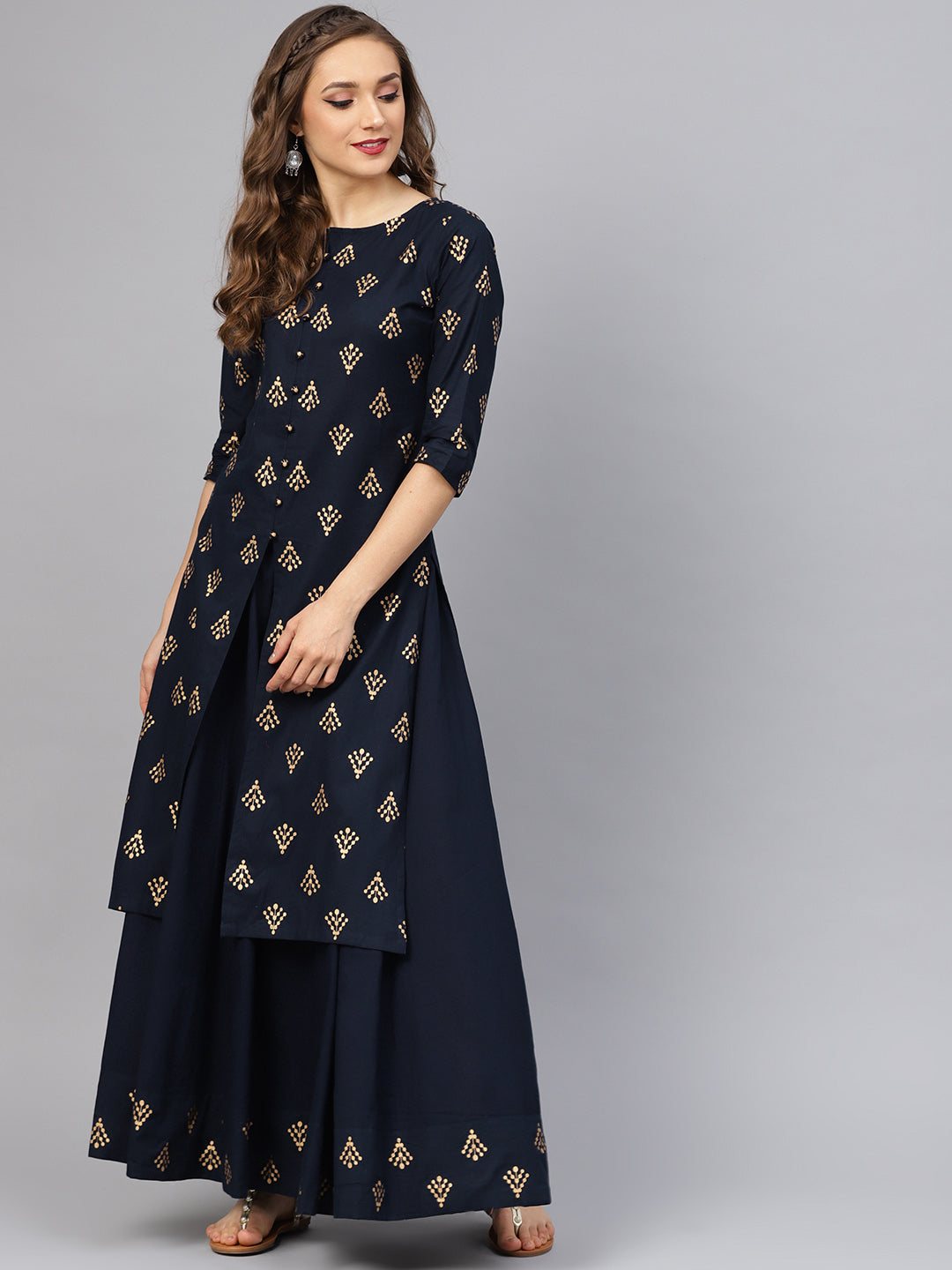 Women's Printed Kurta With Navy Blue Skirt - Idalia