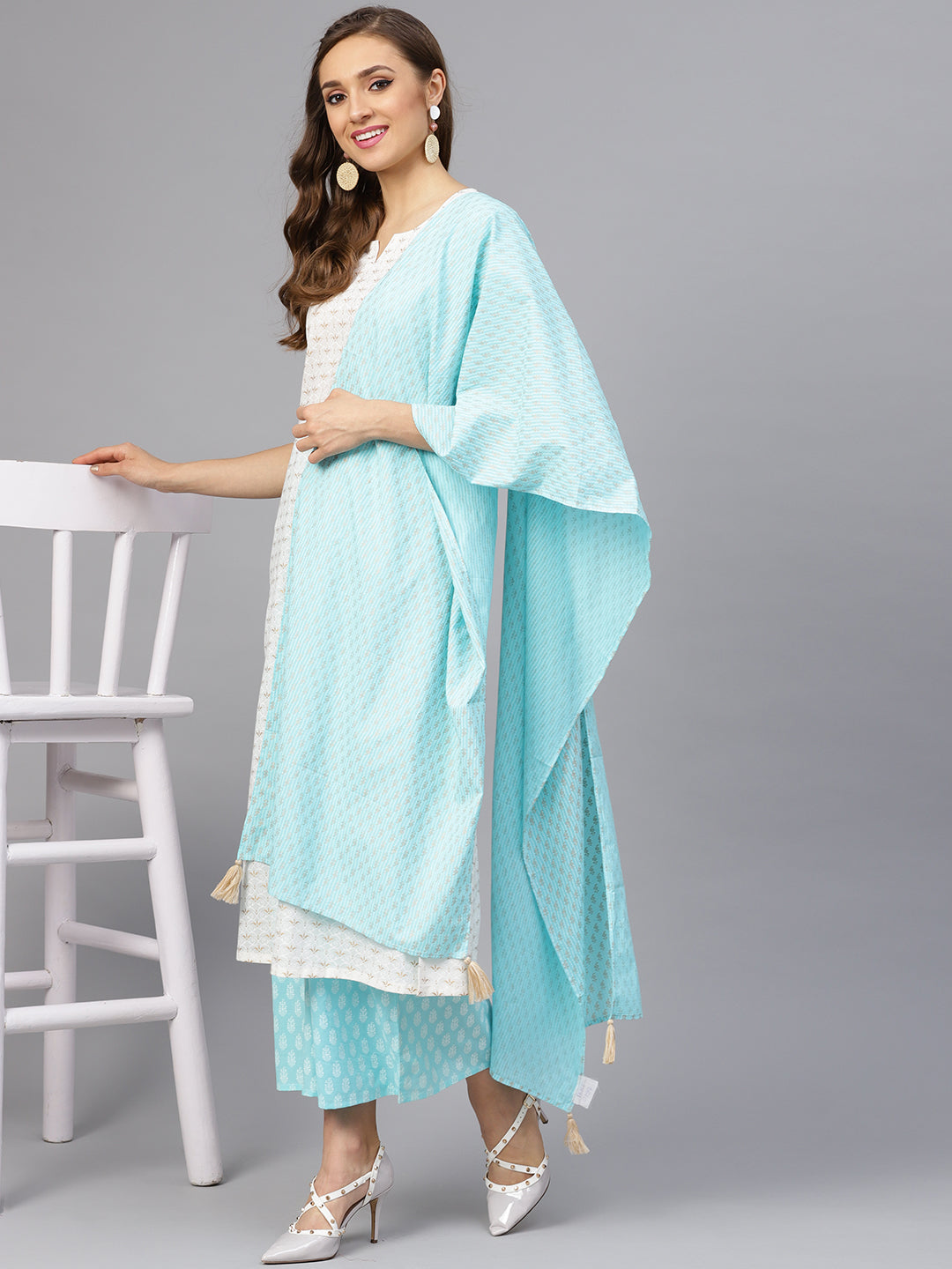 Women's White And Sky Blue Khari Gold Print Kurta Set With Dupatta - Idalia