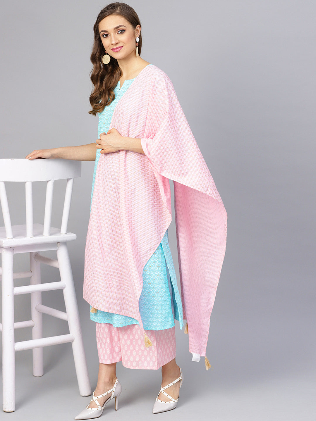 Women's Sky Blue And Baby Pink Khari Gold Print Kurta Set With Dupatta - Idalia