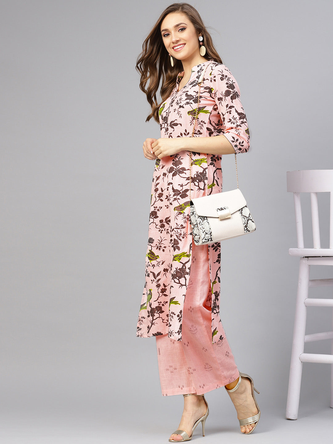 Women's Grey Print Kurta With Baby Pink Printed Palazzo Pants - Idalia