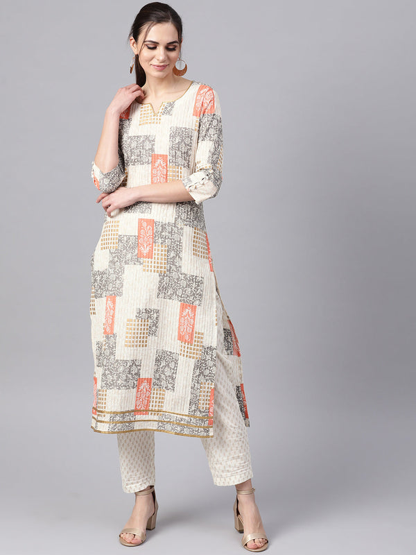 Women's Off White Printed Kurta With Printed Pants - Idalia