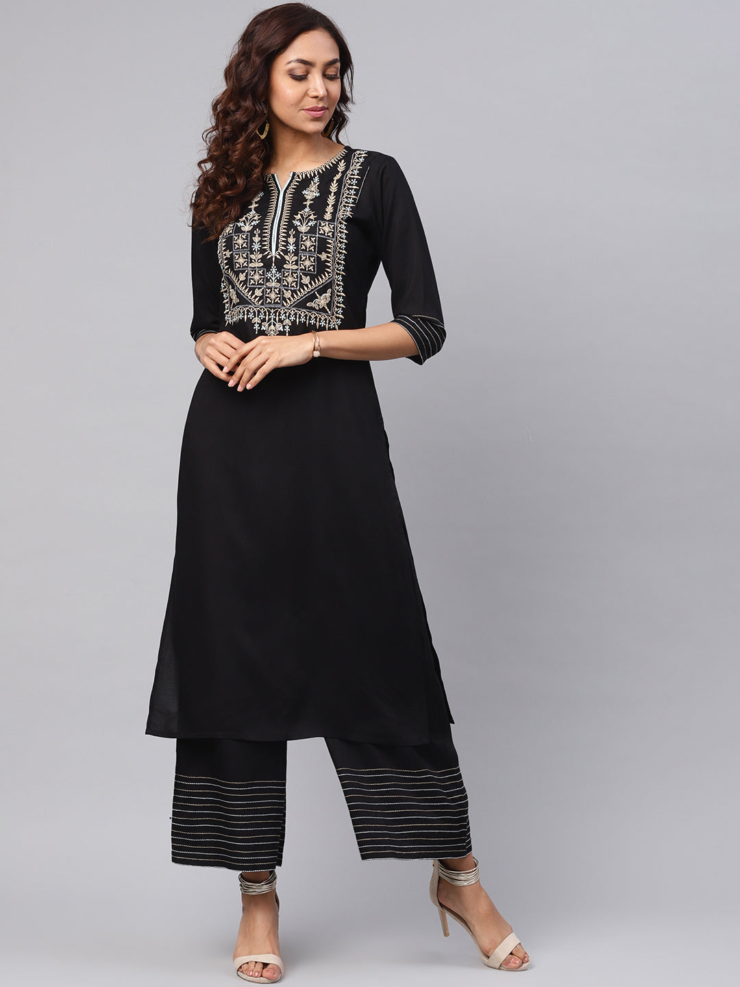 Women's Embroidered Black Kurta With Palazzo Pants - Idalia