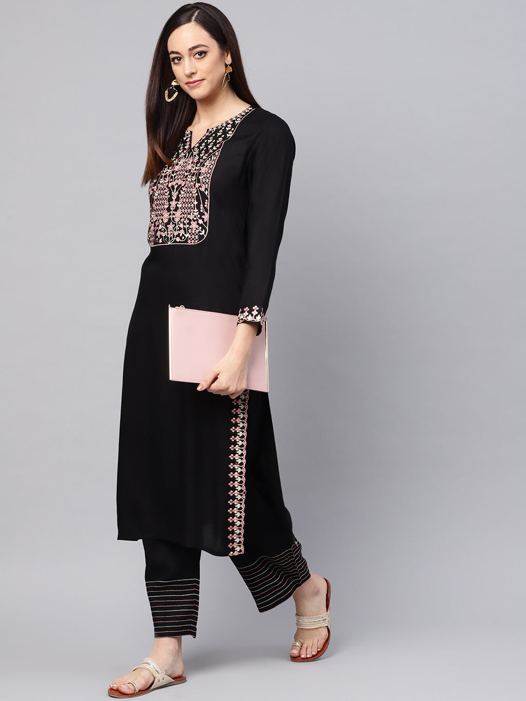 Women's Embroidered Black Kurta With Palazzo Pants - Idalia