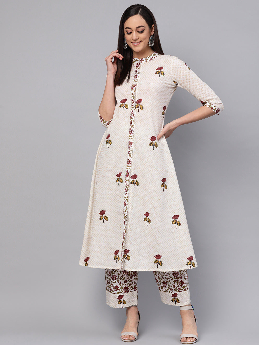 Women's Off White Hand Block Print Kurta With Printed Palazzo Pants - Idalia