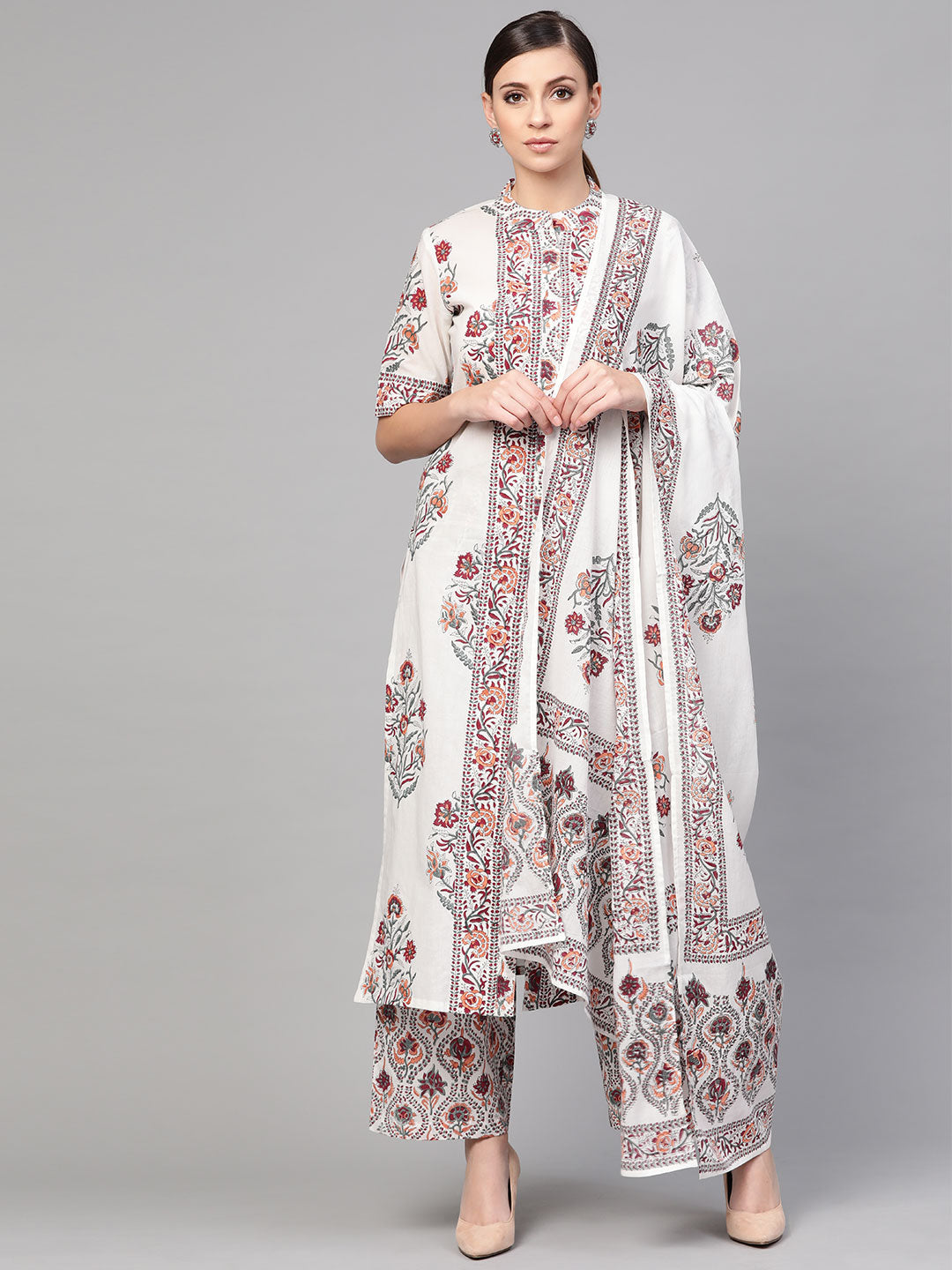 Women's White Floral Booti Kurta With Dupatta & Printed Palazzo Pants - Idalia