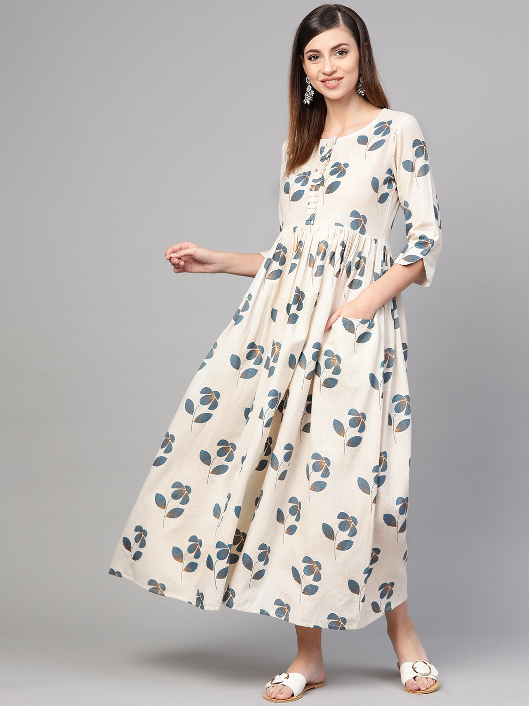 Women's Cream Floral Printed Dress - Idalia