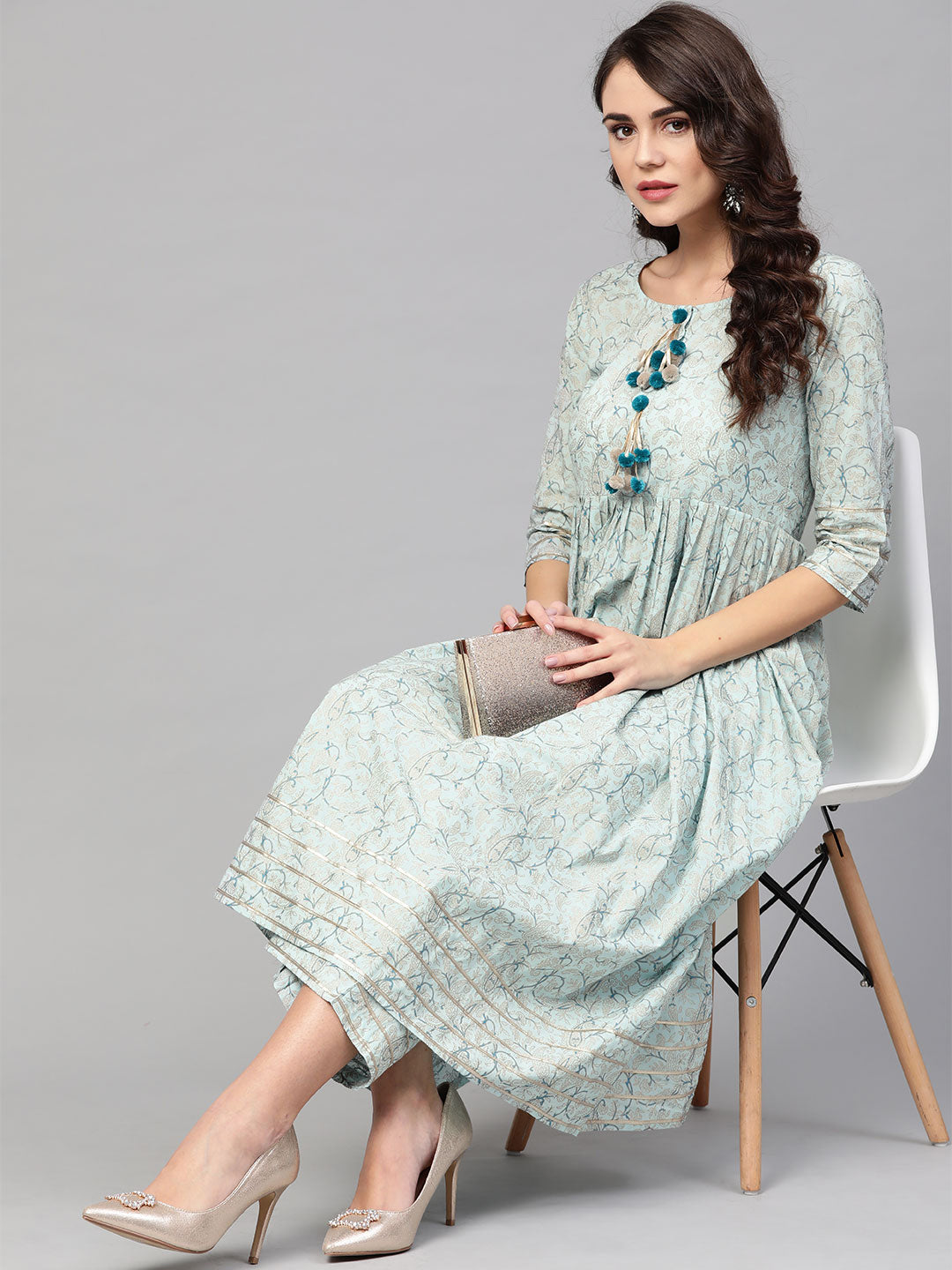 Women's Sky Blue Printed Flared Kurta Set - Idalia