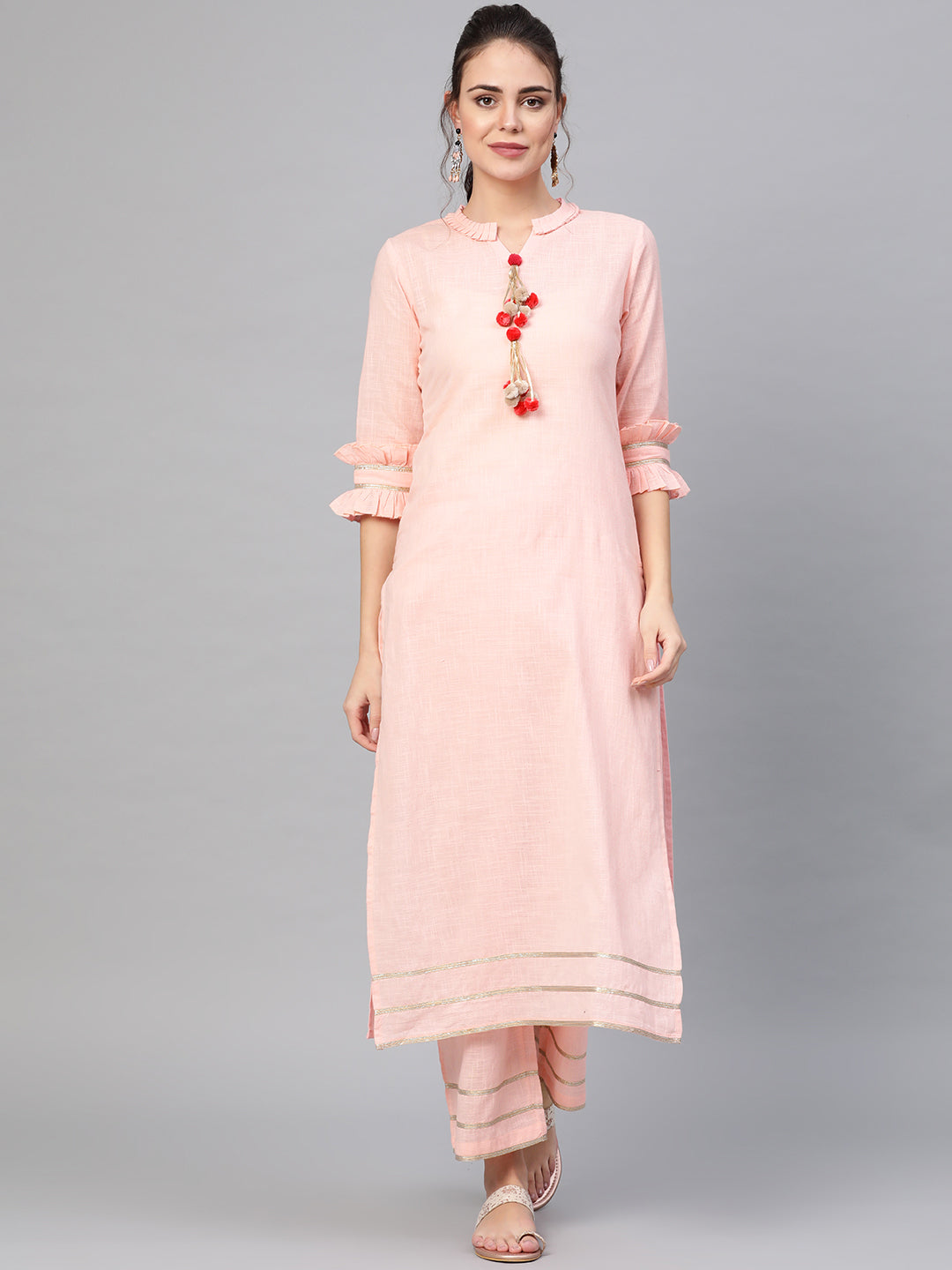 Women's Baby Pink Solid Kurta With Palazzo Pants - Idalia