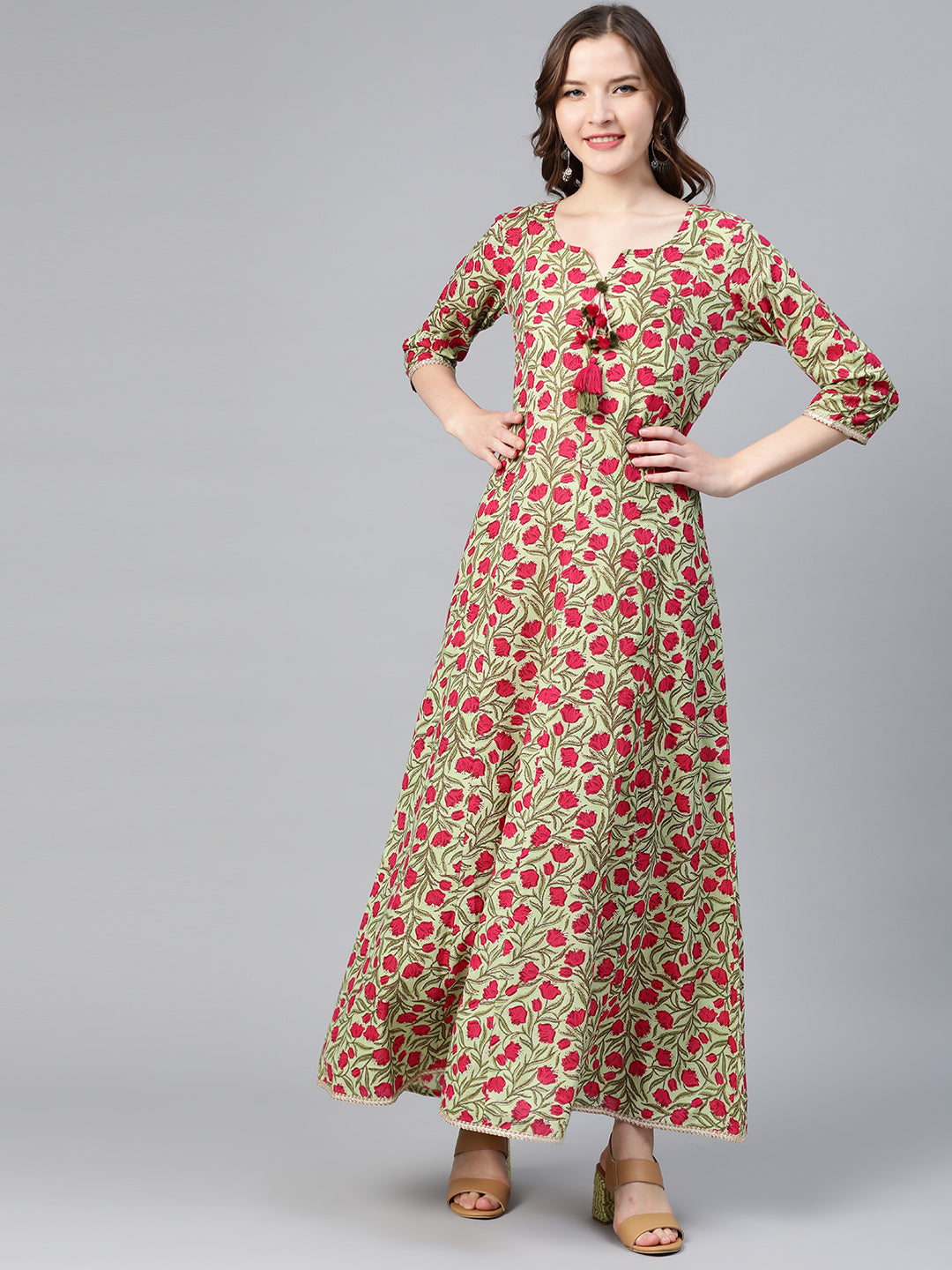 Women's Green Jaal Print Dress With Pink Flowers - Idalia