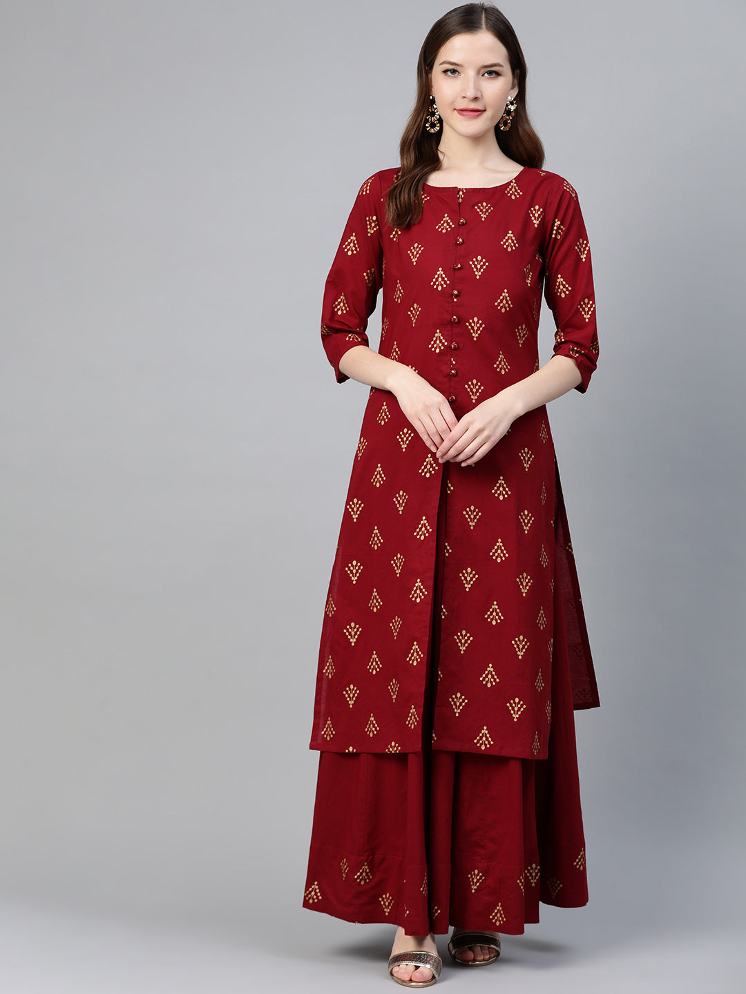 Women's Printed Kurta With Maroon Skirt - Idalia