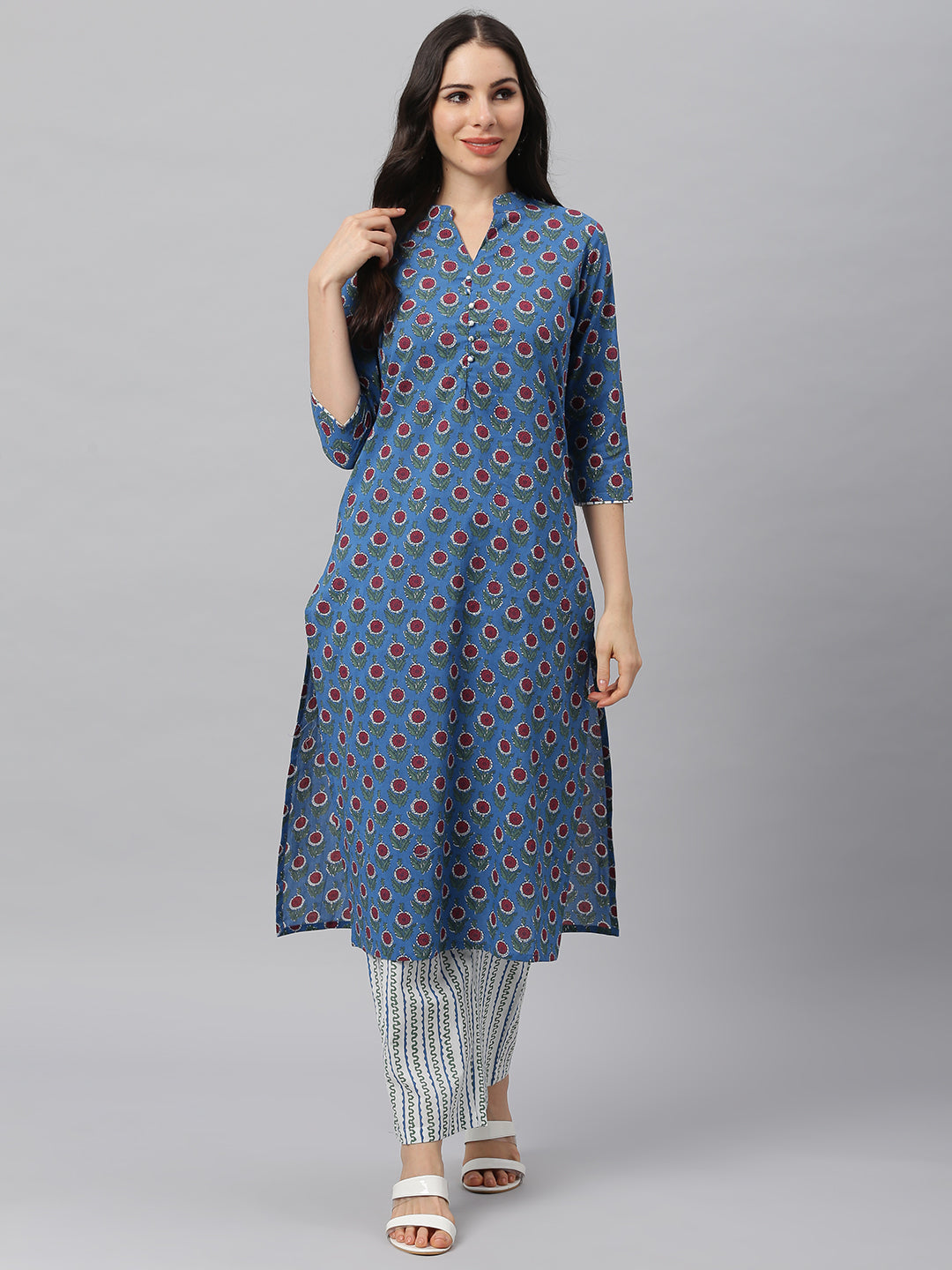 Women's Royal Blue Printed Kurta With White Printed Palazzo Pants - Idalia