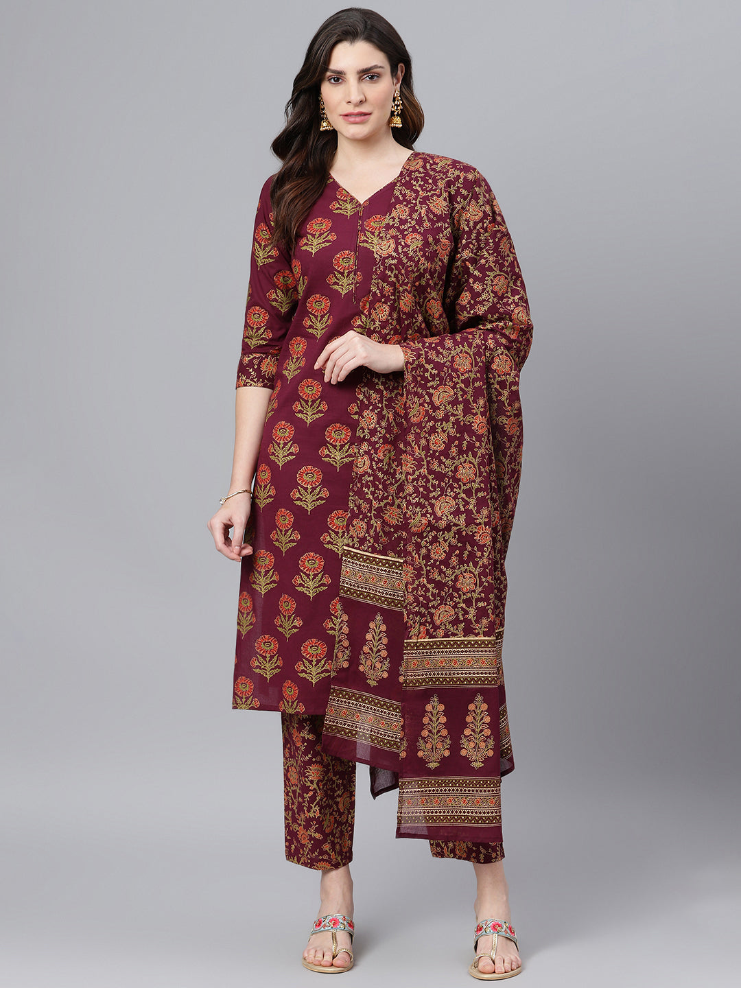 Women's Maroon Gold Printed Kurta Set With Dupatta - Idalia