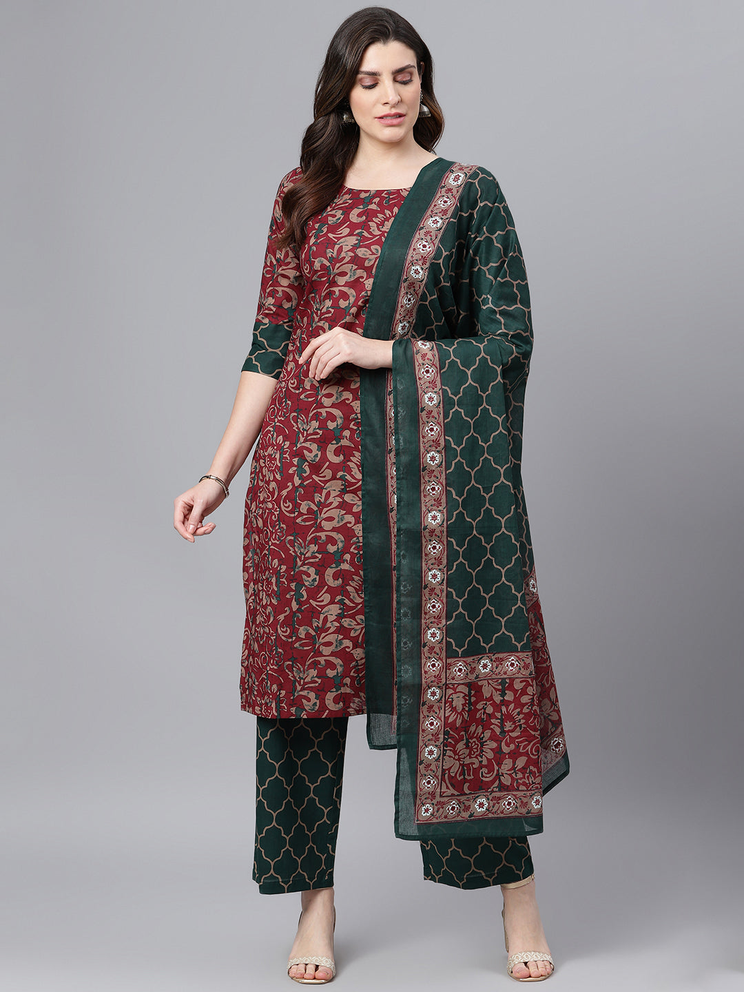 Women's Maroon Printed Kurta With Dark Green Printed Palazzo Pant And Dupatta - Idalia