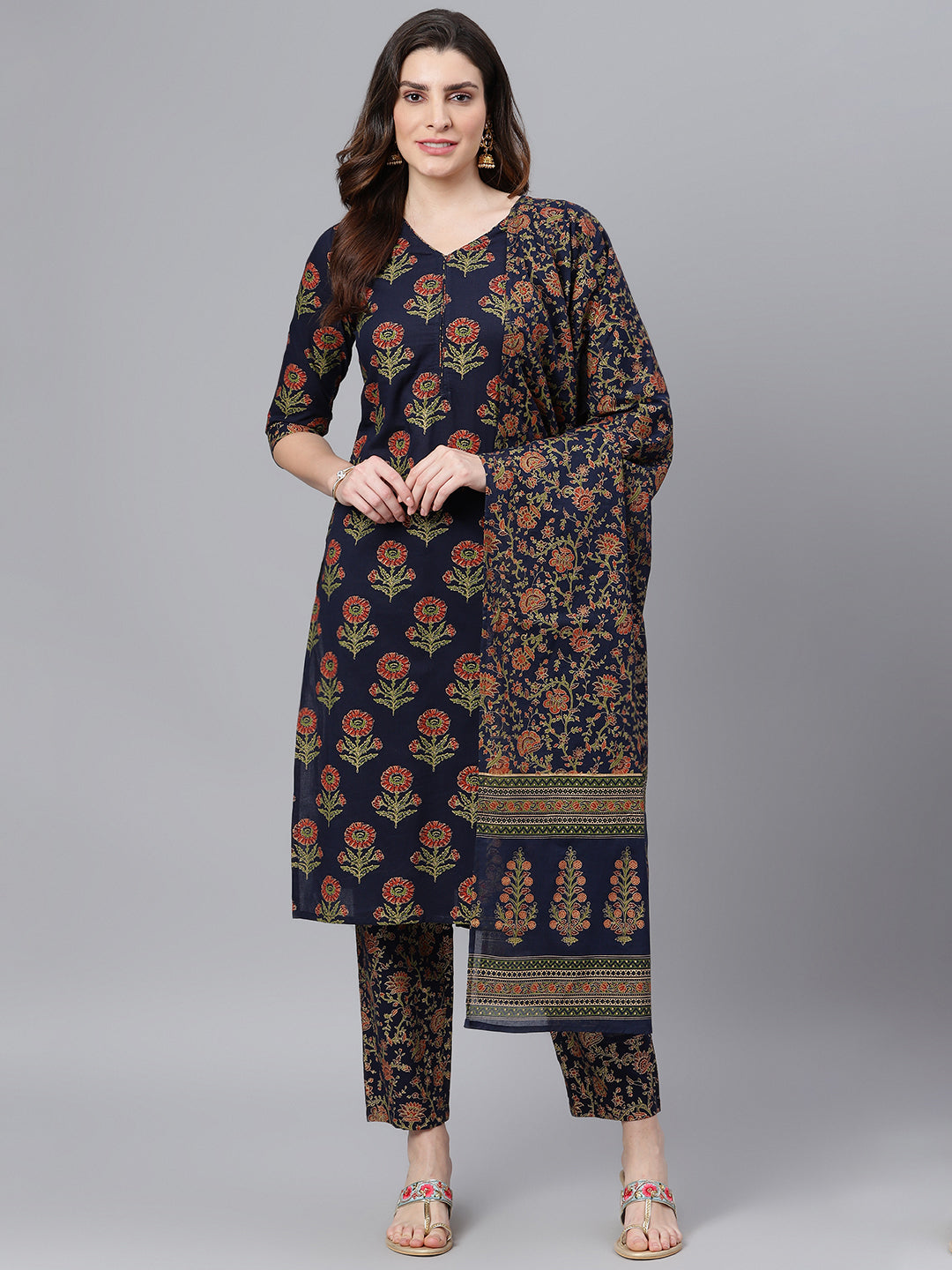 Women's Navy Blue Gold Printed Kurta Set With Dupatta - Idalia