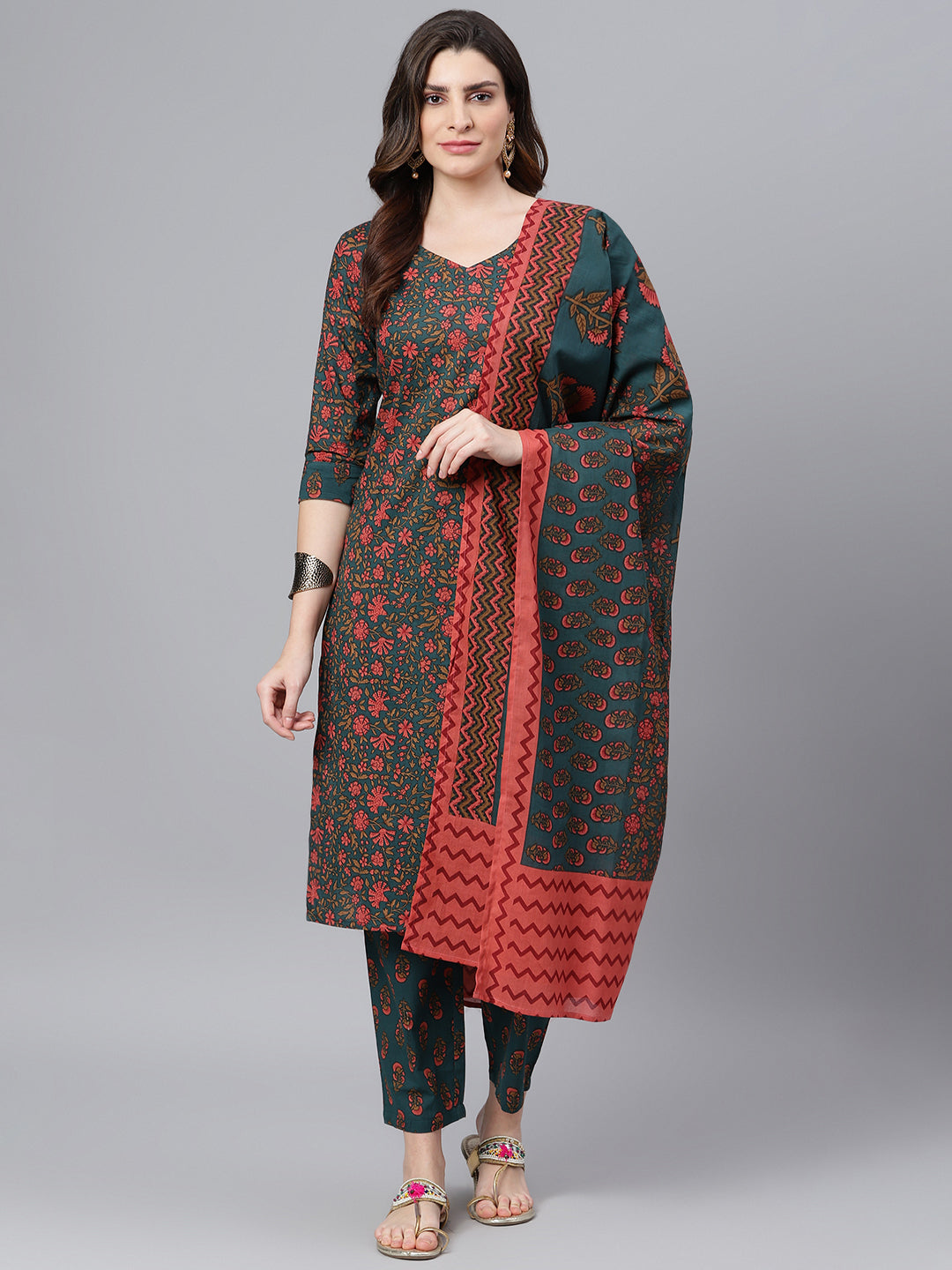 Women's Green Floral Printed Kurta Set With Dupatta - Idalia