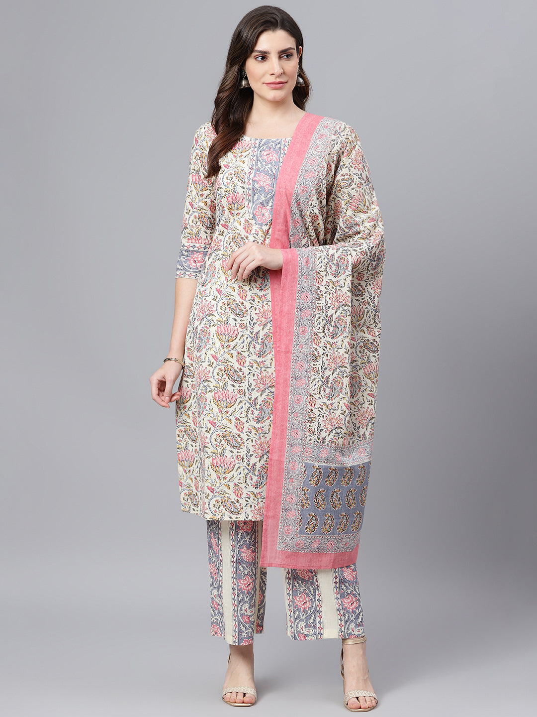 Women's Cream Printed Kurta Set With Dupatta - Idalia