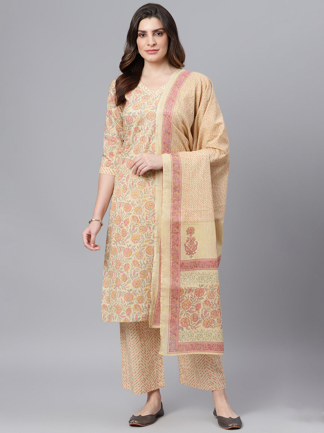 Women's Pastel Yellow Printed Kurta Set With Dupatta - Idalia