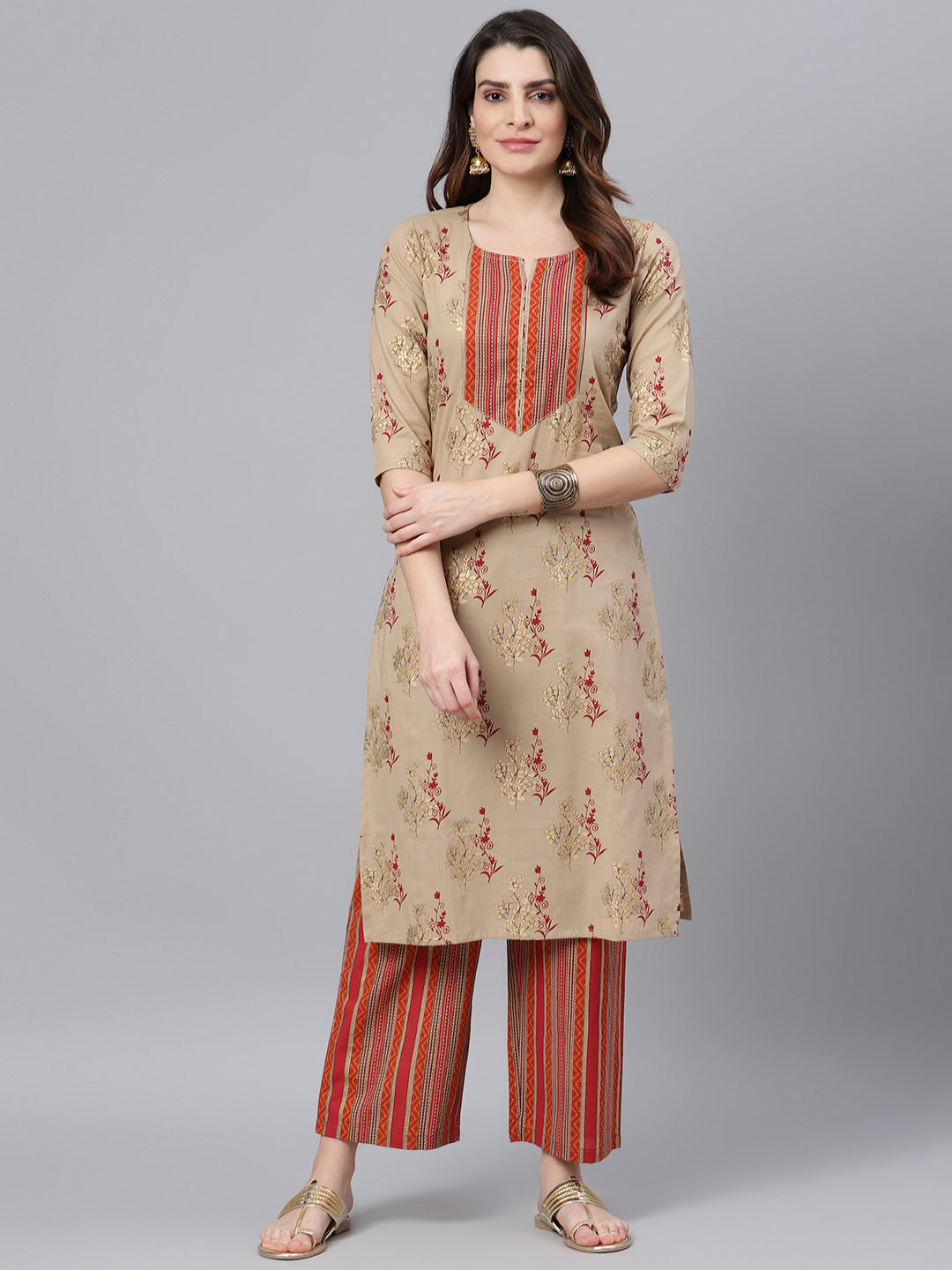 Women's Boota Printed Kurta With Stripes Palazzo Pants - Idalia