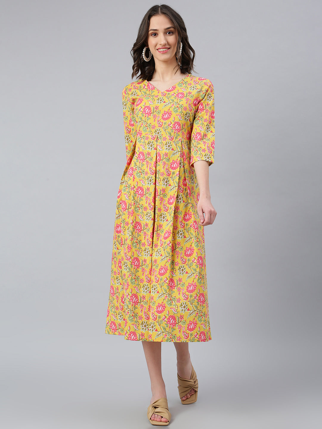 Women's Yellow Printed Floral Dress - Idalia