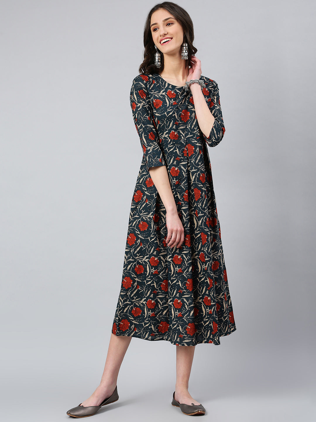 Women's Navy Blue Foral Printed Dress - Idalia