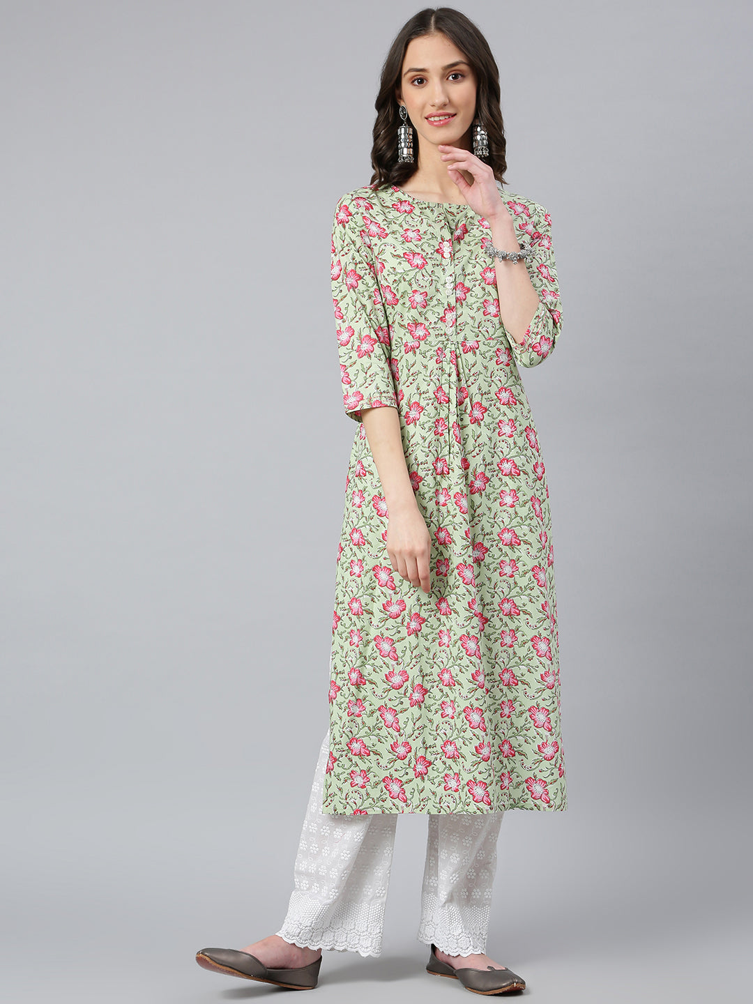 Women's Sage Green Floral Printed Kurta - Idalia