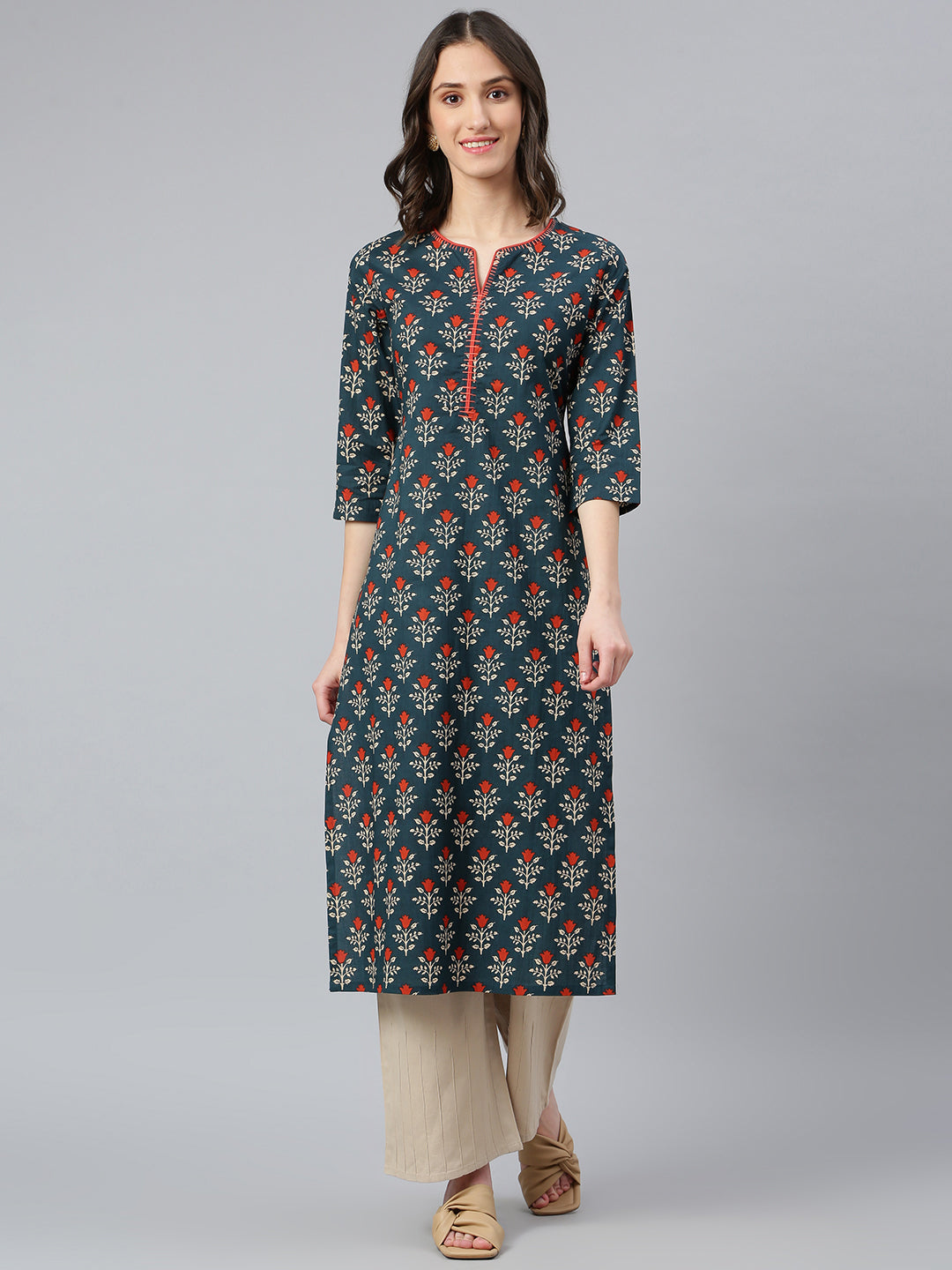 Women's Navy Blue Printed Kurta - Idalia